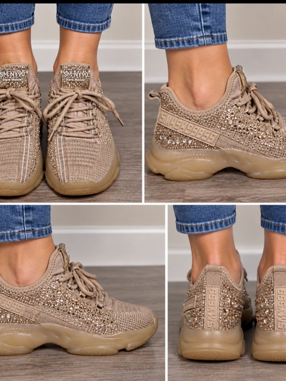 Steve Madden Maxima Blush NY90 Taupe Rhinestone Knit Chunky Sneakers